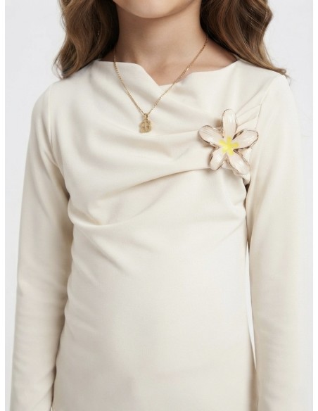 Top fleur manches longues - détail col asymétrique et fleur 3D