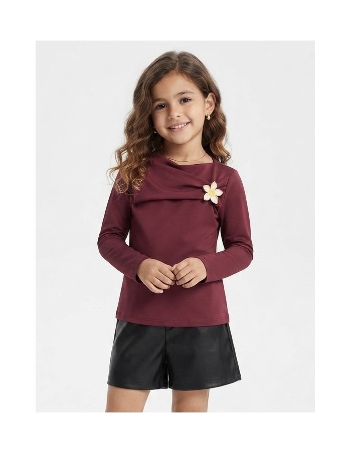 Top Fleur Manches Longues Bordeaux Fille | Zerda