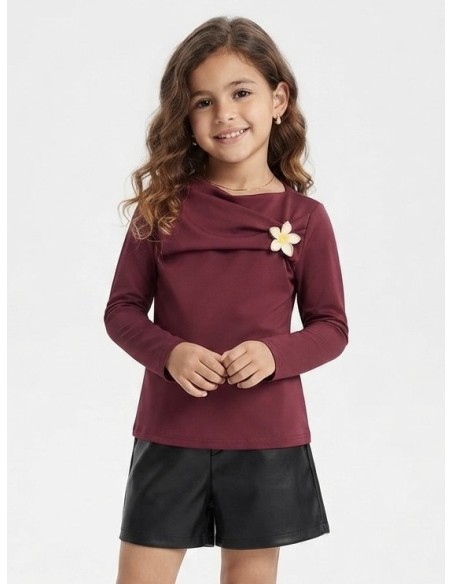 Top Fleur Manches Longues Bordeaux Fille | Zerda