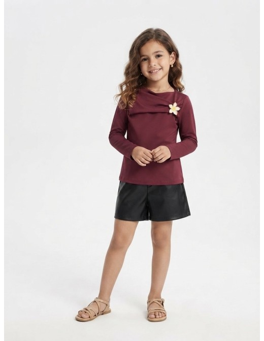Top Fleur Manches Longues Bordeaux Fille | Zerda 2