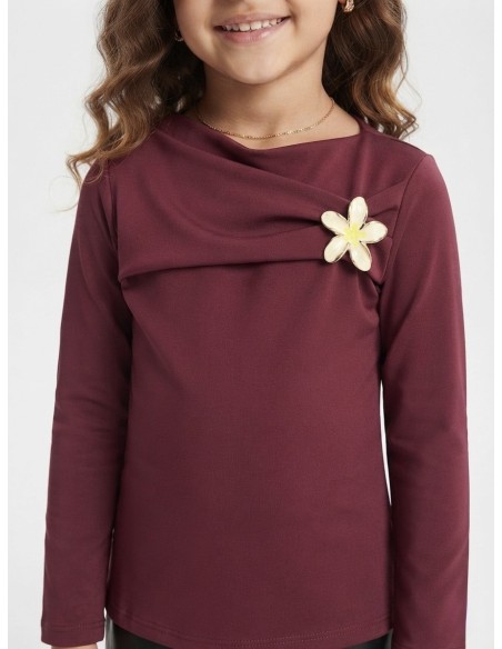 Top Fleur Manches Longues Bordeaux Fille | Zerda
