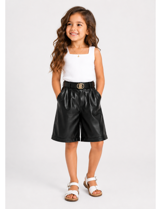 Short bermuda similicuir noir fille - porté de face 2