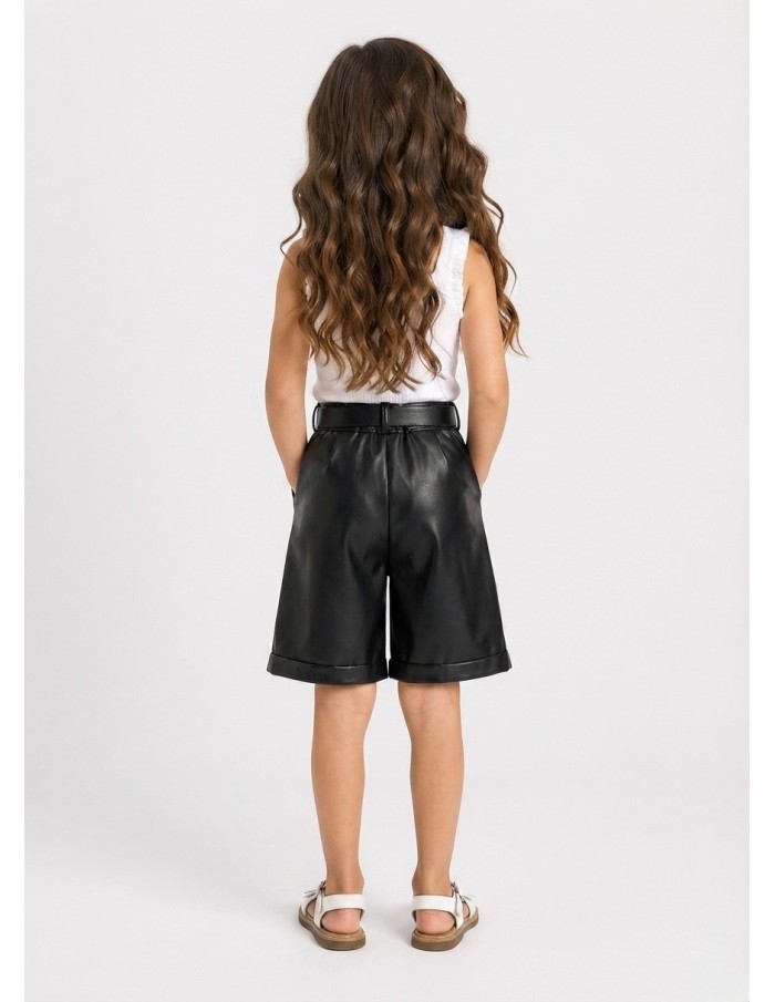 Bermuda simili cuir noir ceinturé fille - porté de dos
