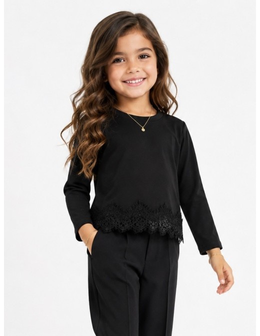 Top Noir Dentelle Fille Manches Longues | Zerda