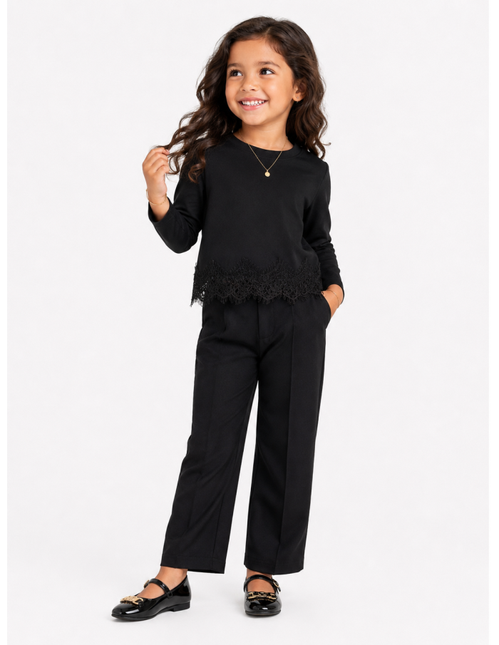 Top Noir Dentelle Fille Manches Longues | Zerda