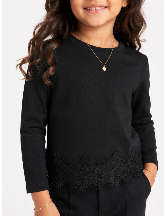 Top Noir Dentelle Fille Manches Longues | Zerda