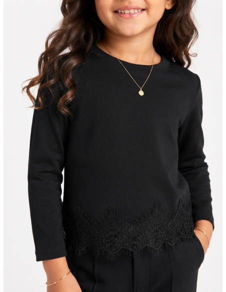 Top Noir Dentelle Fille Manches Longues | Zerda