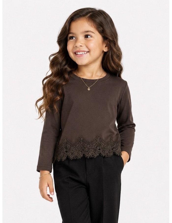 Top Chocolat Dentelle Fille Manches Longues | Zerda