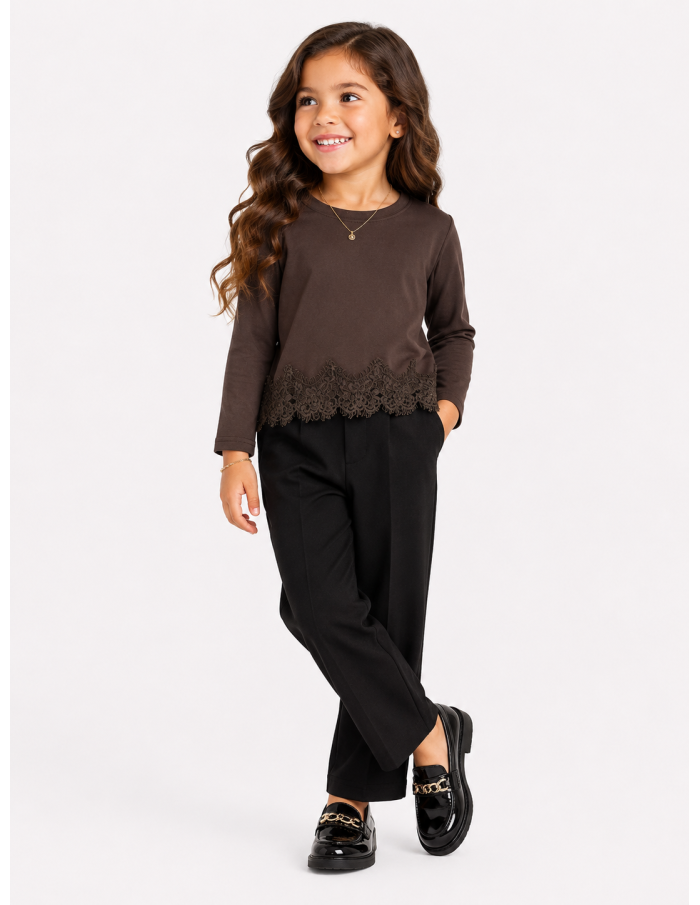 Top Chocolat Dentelle Fille Manches Longues | Zerda