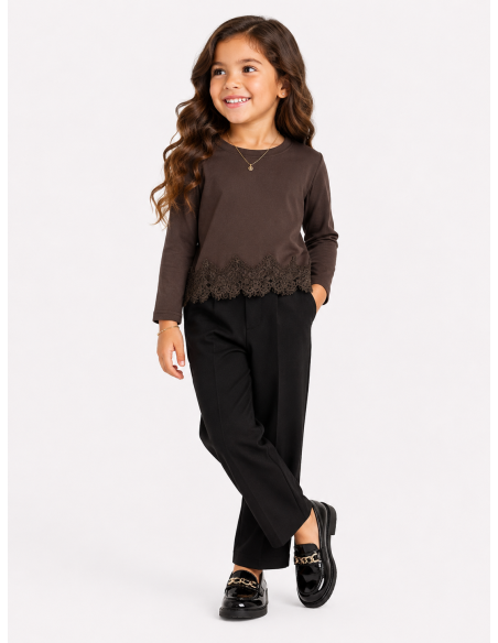 Top Chocolat Dentelle Fille Manches Longues | Zerda