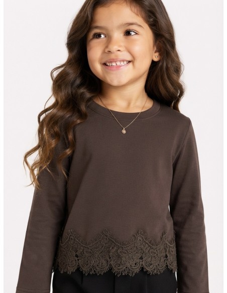 Top Chocolat Dentelle Fille Manches Longues | Zerda