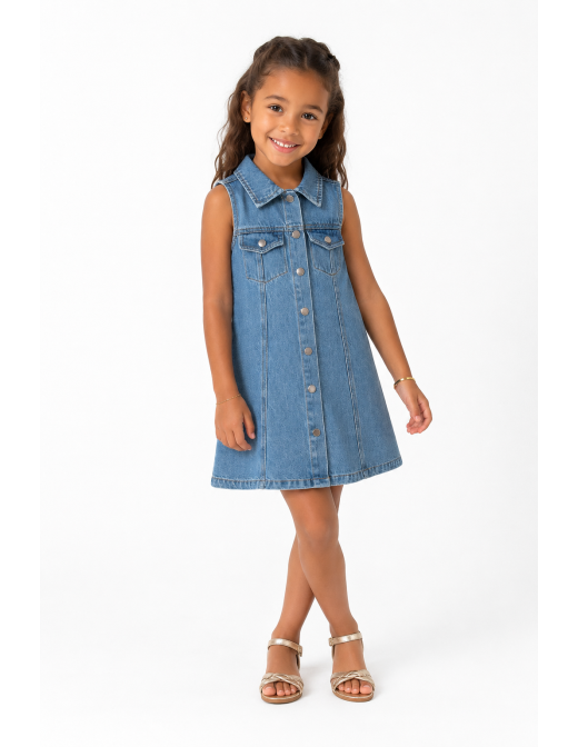 Robe en jean bleu fille sans manches - portée de face