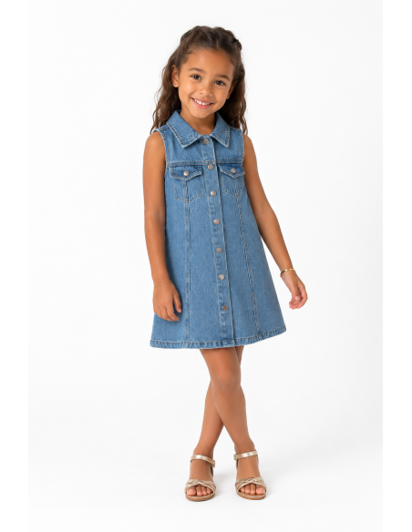 Robe en jean bleu fille sans manches - portée de face