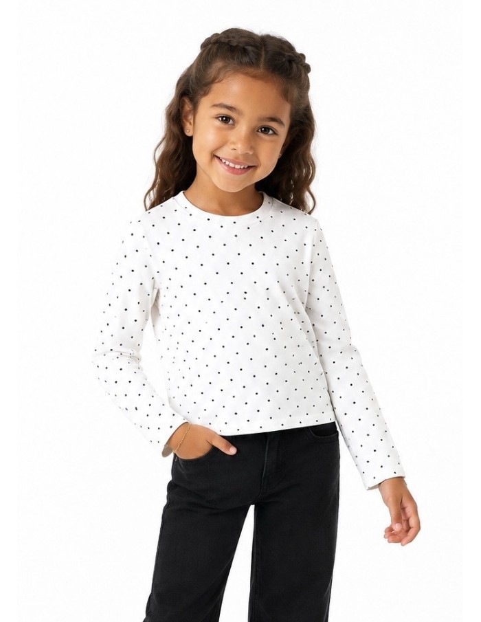 T-shirt Blanc à Pois Noirs Manches Longues Fille - 4 à 14 ans