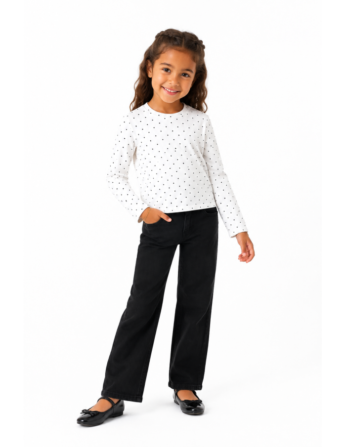 T-shirt blanc à pois manches longues fille - porté avec jean noir