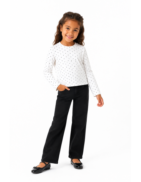 T-shirt blanc à pois manches longues fille - porté avec jean noir