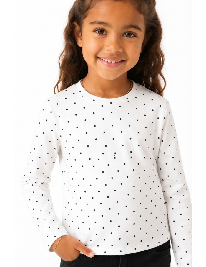 T-shirt Blanc à Pois Noirs Manches Longues Fille - 4 à 14 ans