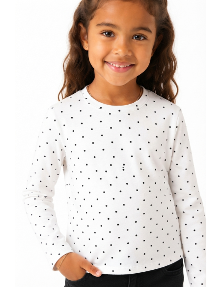 T-shirt Blanc à Pois Noirs Manches Longues Fille - 4 à 14 ans