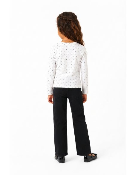 T-shirt fille imprimé pois noirs - détail motif et col