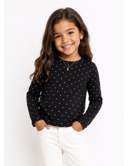 T-shirt Noir à Pois Manches Longues Fille | Zerda