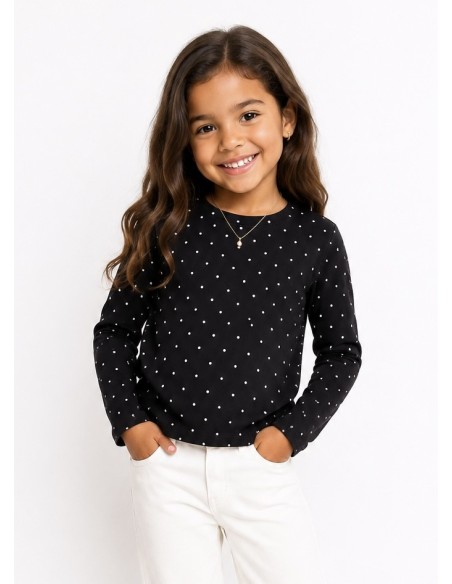 T-shirt Noir à Pois Manches Longues Fille | Zerda