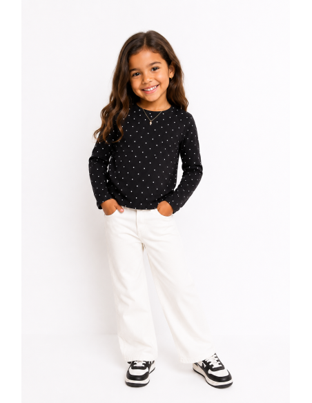 T-shirt Noir à Pois Manches Longues Fille | Zerda