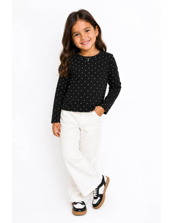 T-shirt Noir à Pois Manches Longues Fille | Zerda