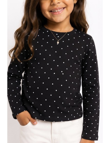 T-shirt Noir à Pois Manches Longues Fille | Zerda