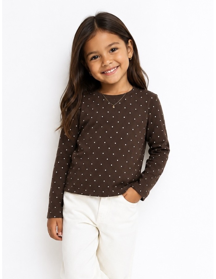 T-shirt Chocolat à Pois Manches Longues Fille | Zerda