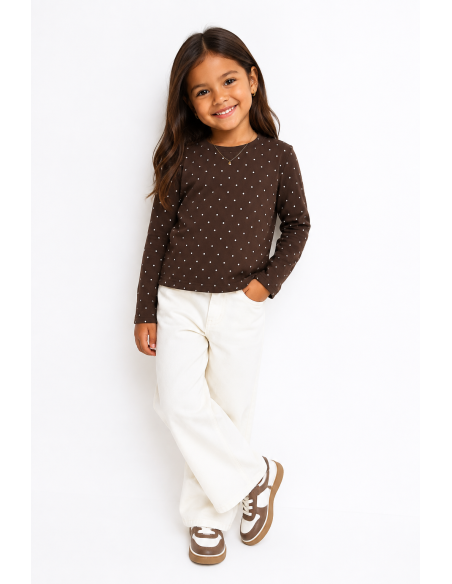 T-shirt Chocolat à Pois Manches Longues Fille | Zerda
