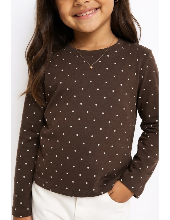 T-shirt Chocolat à Pois Manches Longues Fille | Zerda