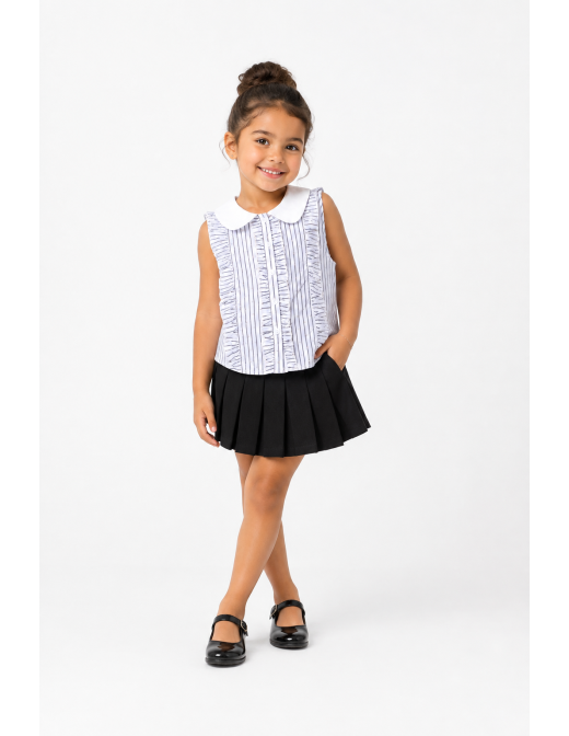 Ensemble chemise rayée jupe noire fille - porté de face