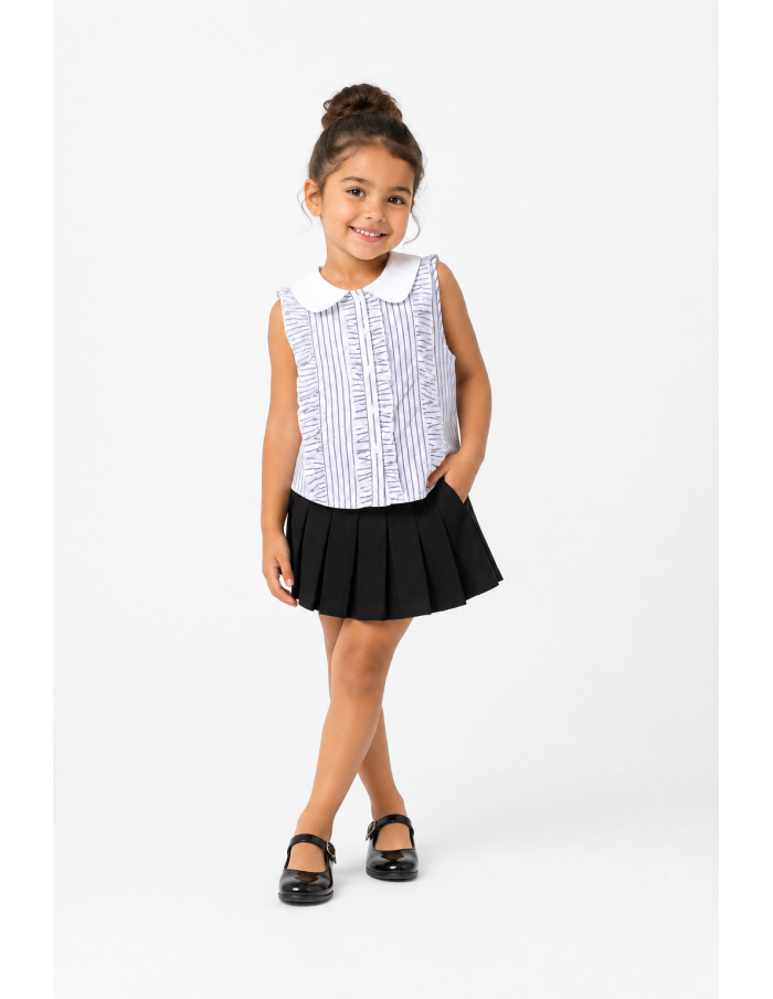 Ensemble chemise rayée jupe noire fille - porté de face