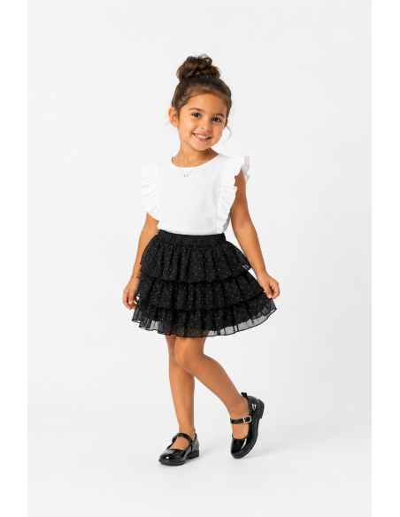 Jupe étagée fille pois strassés - portée avec top blanc