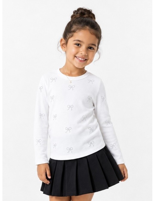 T-shirt Blanc Côtelé Nœuds Strass Fille | Zerda