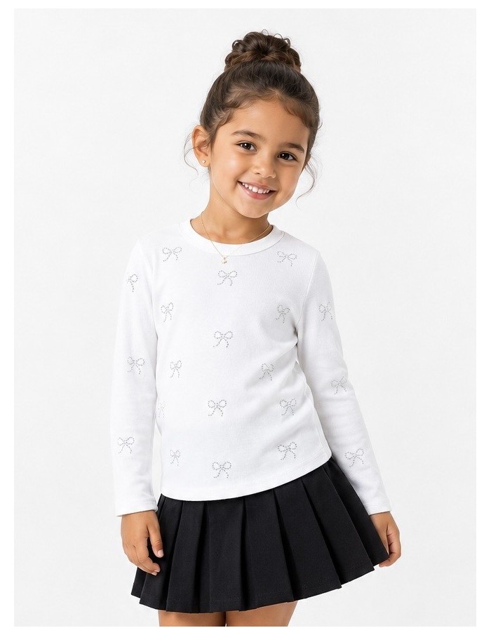T-shirt Blanc Côtelé Nœuds Strass Fille | Zerda