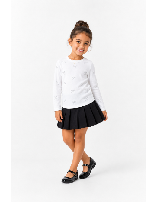 T-shirt Blanc Côtelé Nœuds Strass Fille | Zerda 2