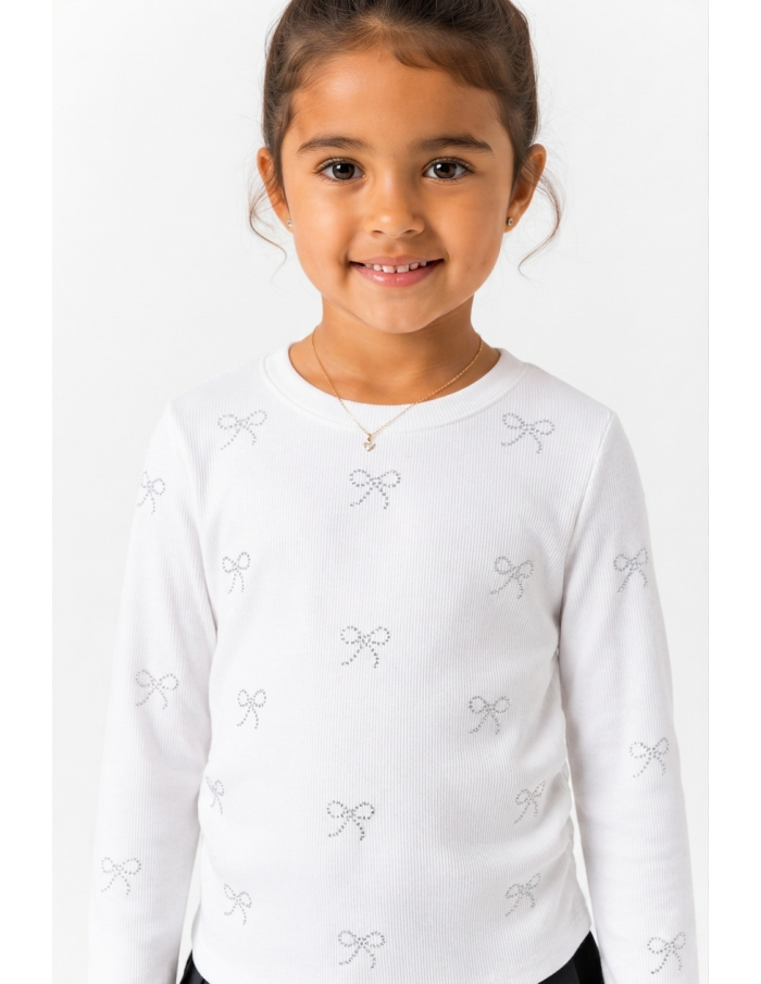 T-shirt Blanc Côtelé Nœuds Strass Fille | Zerda