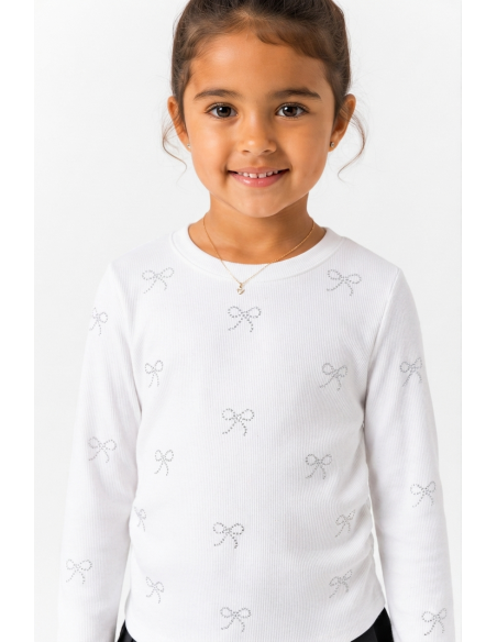 T-shirt Blanc Côtelé Nœuds Strass Fille | Zerda