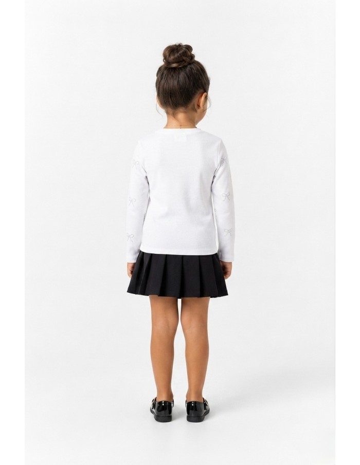 T-shirt Blanc Côtelé Nœuds Strass Fille | Zerda