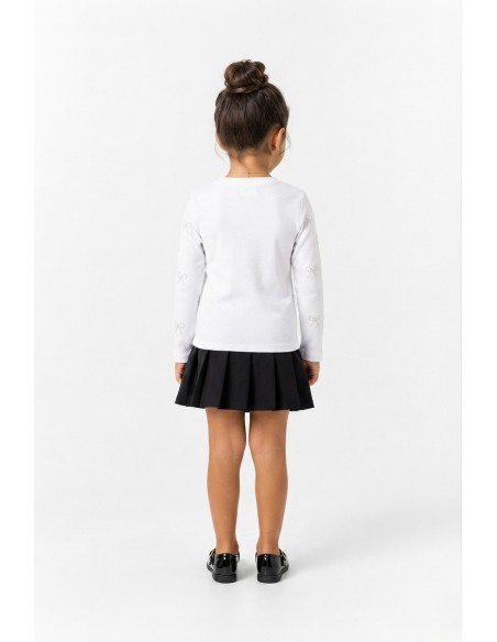 T-shirt Blanc Côtelé Nœuds Strass Fille | Zerda