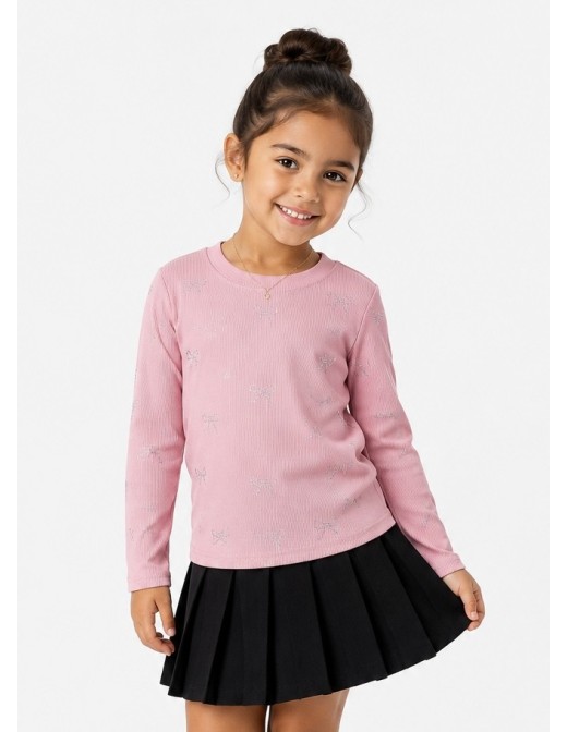 T-shirt Rose Côtelé Nœuds Strass Fille | Zerda
