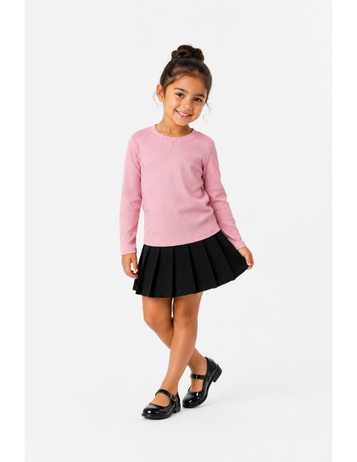 T-shirt Rose Côtelé Nœuds Strass Fille | Zerda 2