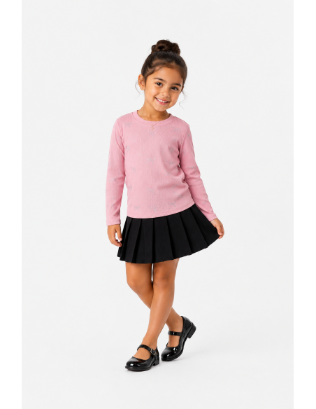 T-shirt rose côtelé nœuds strass fille - porté avec jupe noire