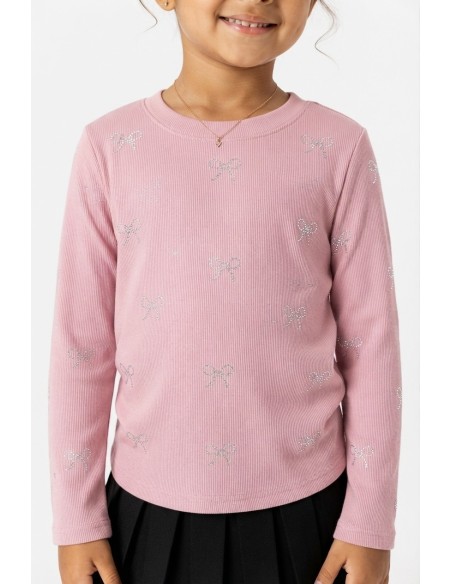 T-shirt manches longues imprimé nœuds - détail motif strass