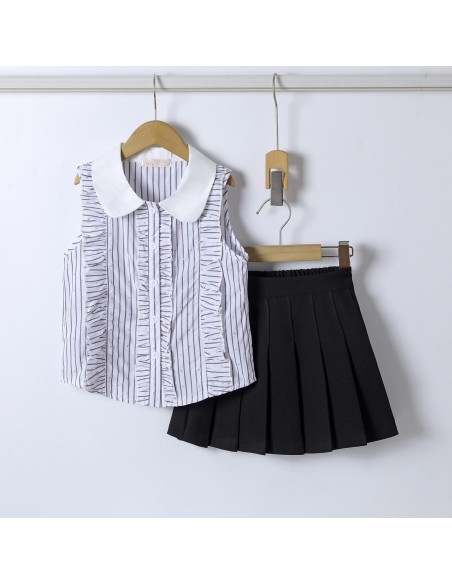 Ensemble Chemise Rayée Jupe Noire Fille | Zerda