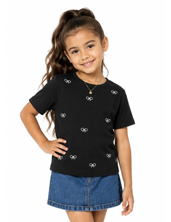 T-shirt Noir Côtelé Nœuds Strass Fille | Zerda