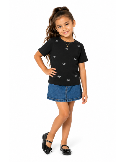 T-shirt Noir Côtelé Nœuds Strass Fille | Zerda 2