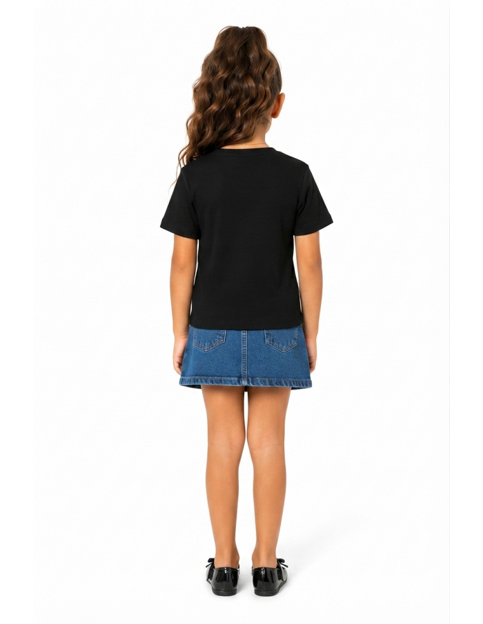 T-shirt Noir Côtelé Nœuds Strass Fille | Zerda