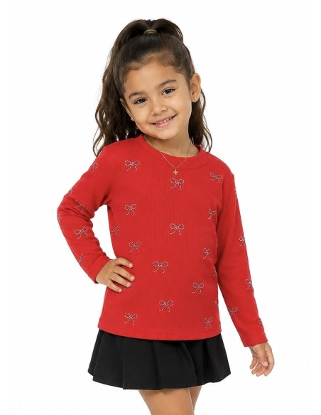 T-shirt Rouge Côtelé Nœuds Strass Fille | Zerda